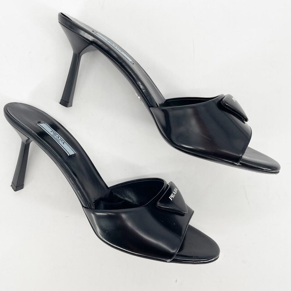 Prada Black Leather Padded Logo 75mm Open Toe Slide Sandal Mule Heels IT 40 - Picture 4 of 12